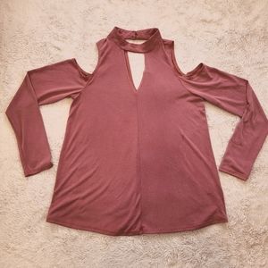 Soprano Dusty Rose Top Long Sleeve Cold Shoulder Choker Neck Women's Small NWT